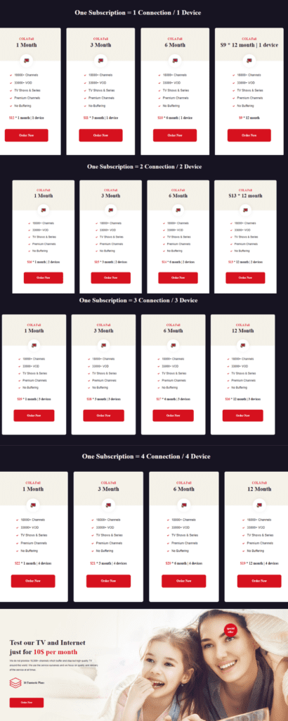 Cola IPTV pricing plan